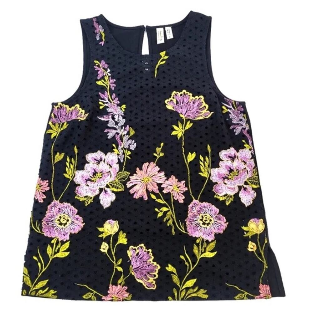 Meadow Rue Anthropologie Harriet Black Embroidered Tank Top Size Small